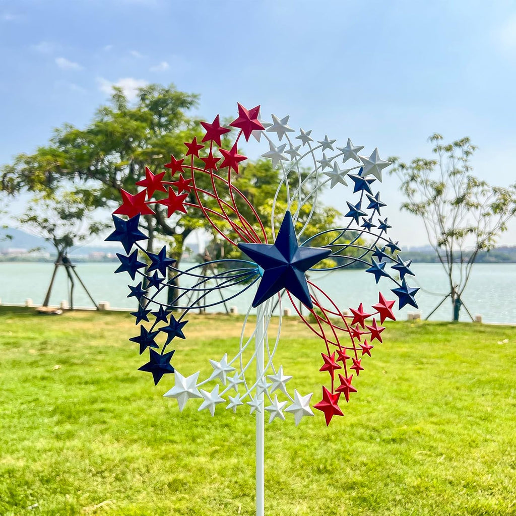 47.3” Red White & Blue Patriotic Wind Spinner – Star Design American Flag Spinner Outdoor – Metal Garden Spinners for Yard, Lawn & Patio Decor
