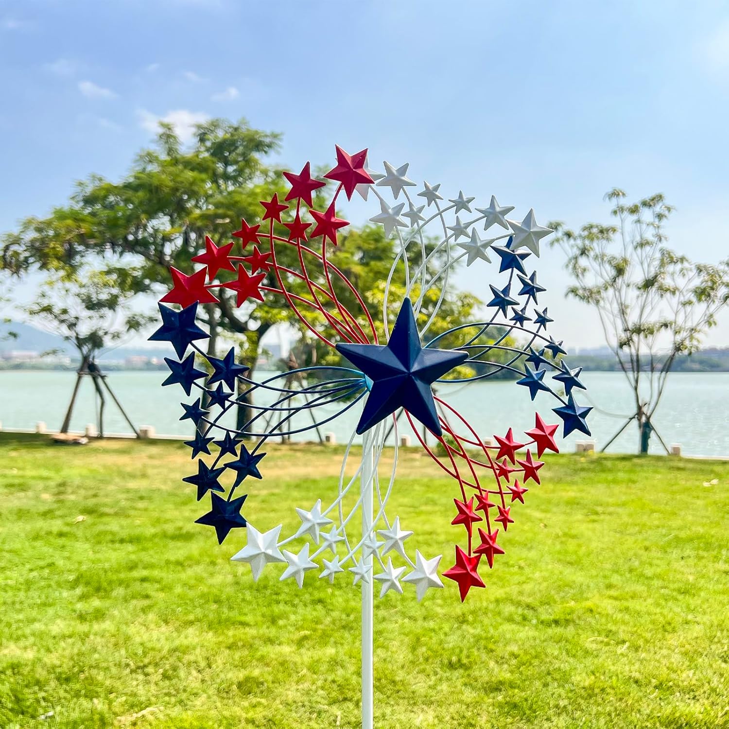 47.3” Red White & Blue Patriotic Wind Spinner – Star Design American Flag Spinner Outdoor – Metal Garden Spinners for Yard, Lawn & Patio Decor