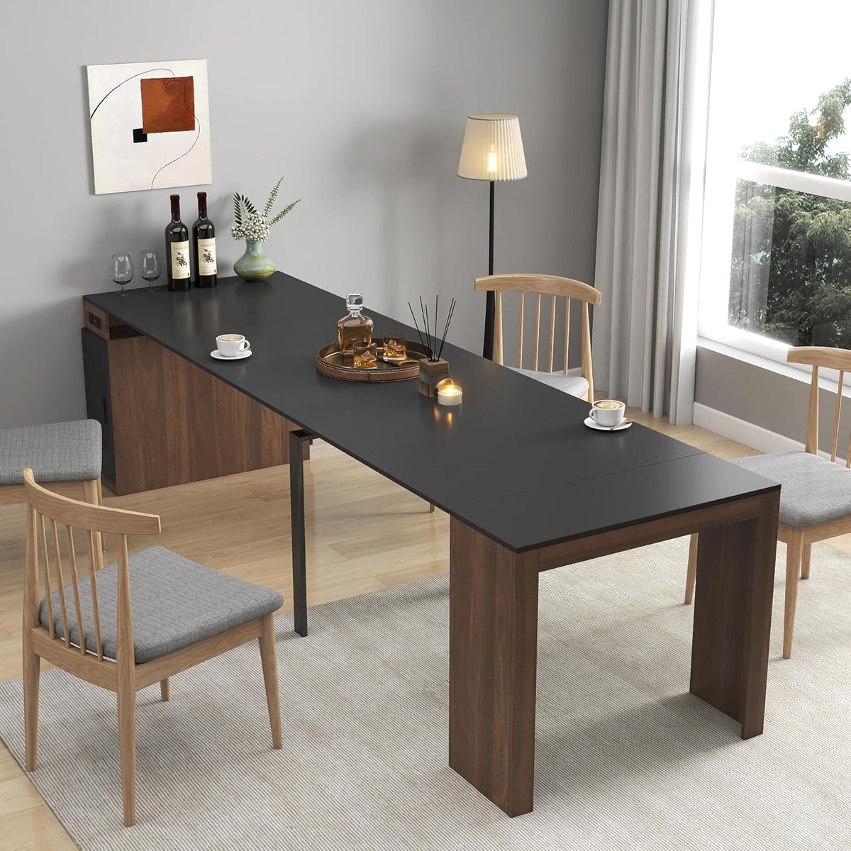 Transforming Table Extender for Dining Table, Pull Out Table, Transformer Console with Storage & Built-in Outlet, Folding Dining Table for 12, Walnut Black