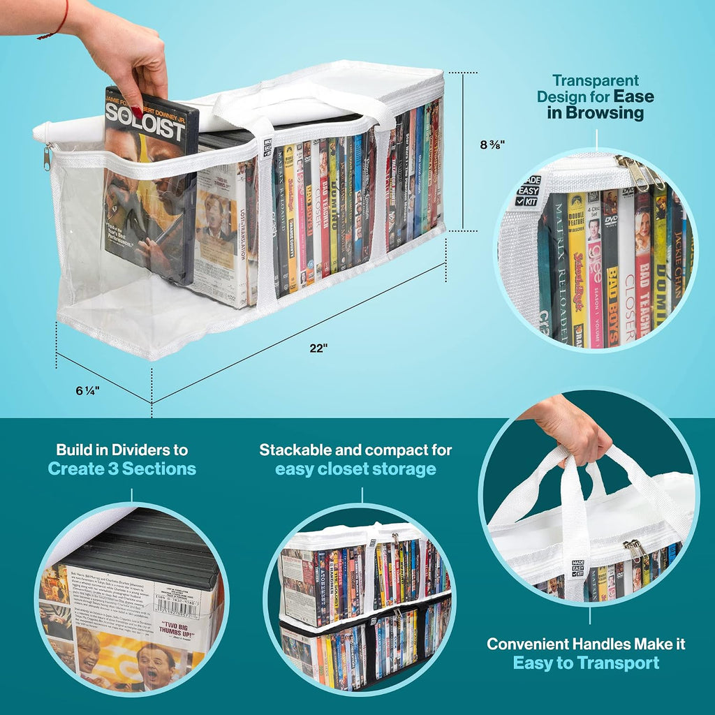Made Easy Kit DVD Storage Bag - Clear PVC Organizer,Triple-Stitched Handles, Dividers - Stackable, Space-Saving, Fits 40 DVD Cases - Container for Movie Discs, Video Games, VHS Tapes (White)