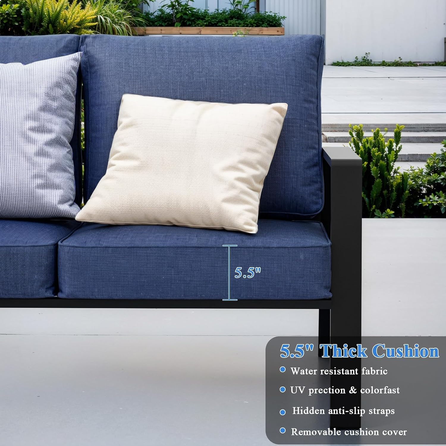 Aluminum Outdoor Patio Furniture Set, 5 Piece Sectional Coversation Sets with Coffee Table, Modern Outdoor Sofa Couch with Thick Cushions for Porch, Balcony, Garden (Black/Blue, 5 Pcs Set)