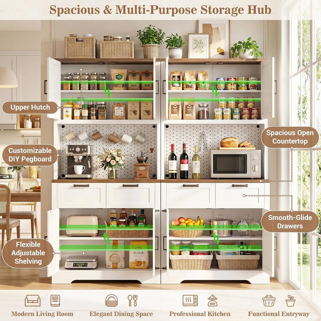 Unikito 71" Tall Kitchen Pantry Cabinet with Microwave Countertop, 63" Wide Pantry Storage Cabinet with Charging Station & LED Lights,Large Kitchen Hutch Cabinet with Drawers for Dining Room, White
