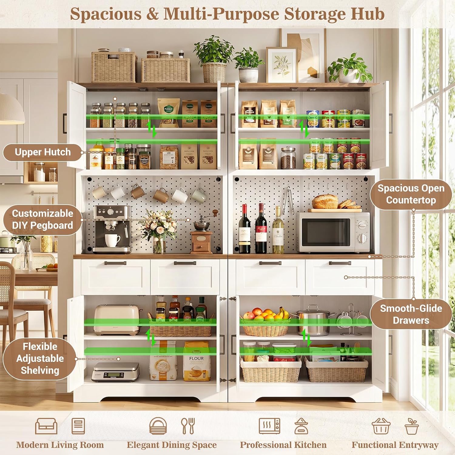 Unikito 71" Tall Kitchen Pantry Cabinet with Microwave Countertop, 63" Wide Pantry Storage Cabinet with Charging Station & LED Lights,Large Kitchen Hutch Cabinet with Drawers for Dining Room, White