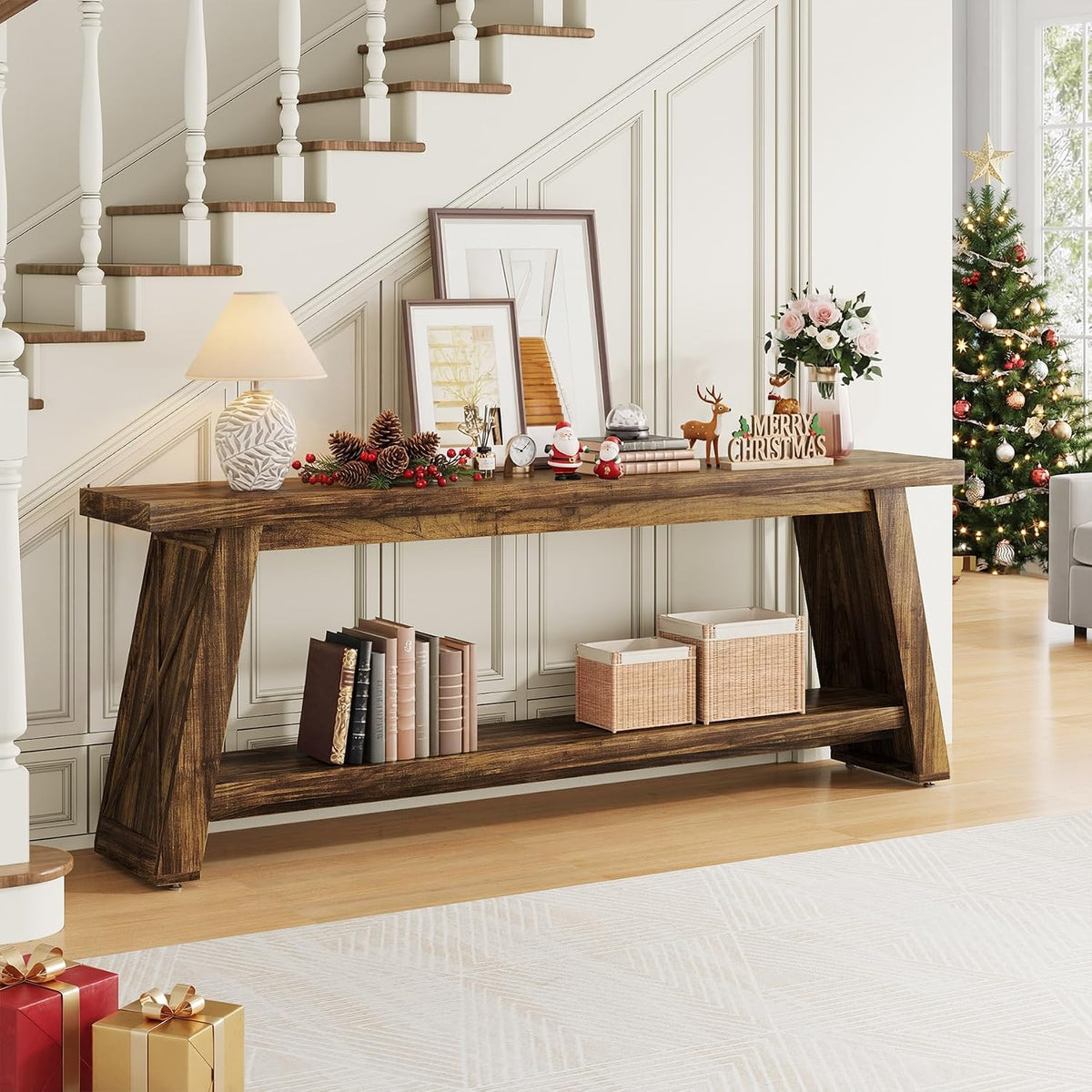 70.9" Extra Long Entryway Table, Farmhouse Wood Console Table with Storage, 2-Tier Narrow Sofa Table Behind Couch for Living Room, Hallway, Entrance, Foyer, Rustic Brown