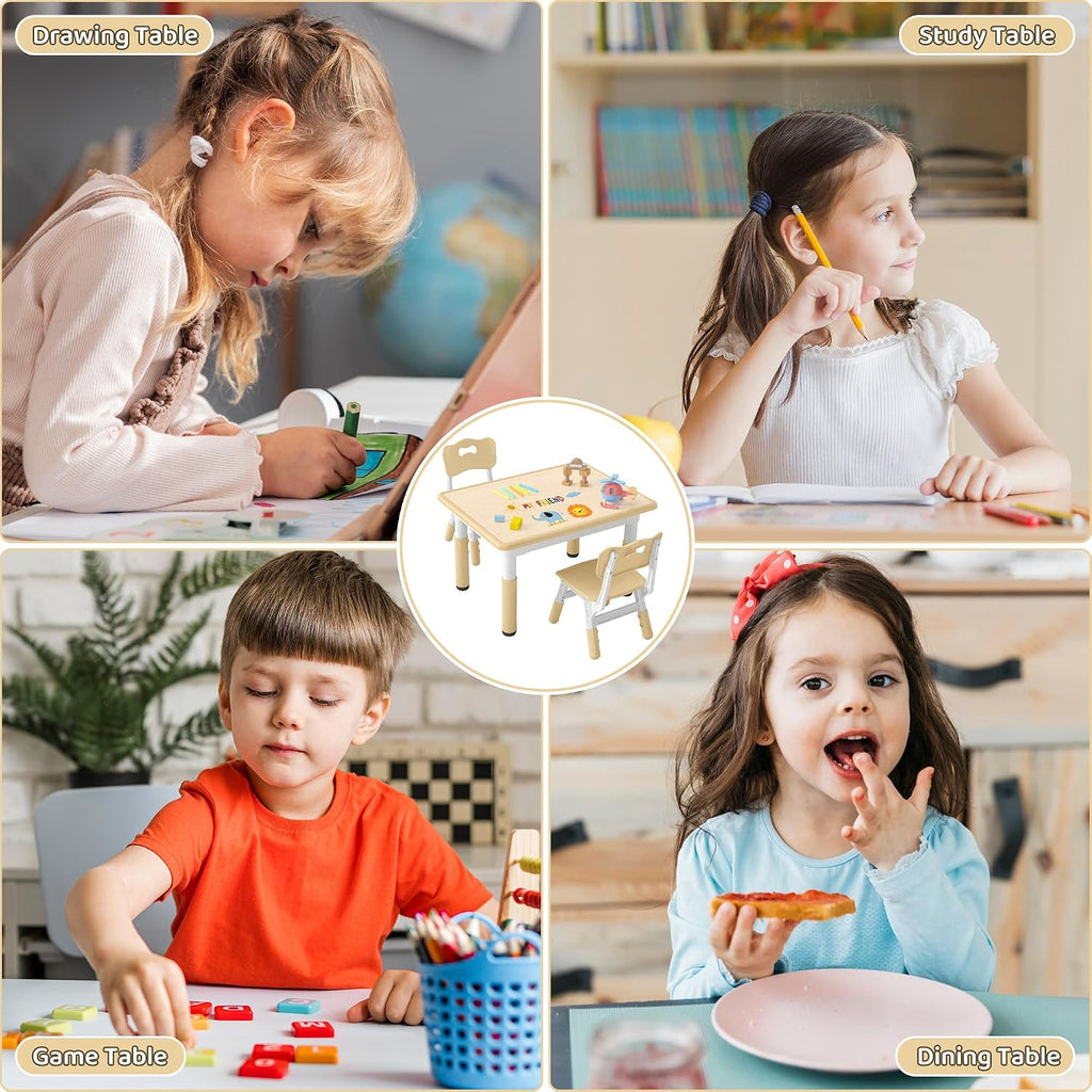 DOREROOM Adjustable Kids Table & 2 Chairs Set, 31.5" L x 23.6" W, Beige-W | Graffiti Desktop,Table Supports 300 lbs,Toddler Ages 2-8，FSC-certified, Children Activity Table for Daycare, Classroom, Home