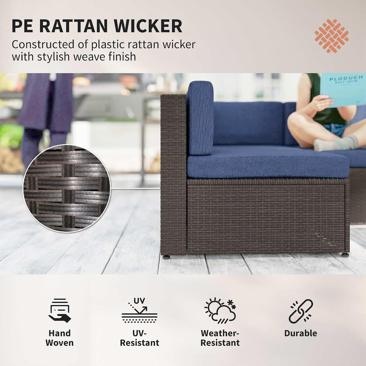 Outsunny 7 Piece Patio Furniture Set, Wicker Outdoor Sectional Sofa Set, All Weather PE Rattan Outdoor Furniture Conversation Sets with Cushions, Glass Top Coffee Table, Dark Blue