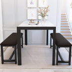 Dining Room Table Set with 2 Benches, Dining Table Set for 4-6, Dinner Table Set for 4, Faux Marble Breakfast Table Set & PU Leather Upholstered Benches for Small Spaces, Apartment, White