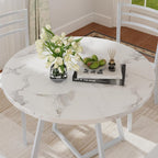 VECELO Round Dining Room Table with Wood Grain Tabletop and Steel Frame, for Kitchen, Living Room, Office, Conference, 2 to 4 Person, White Faux Marble