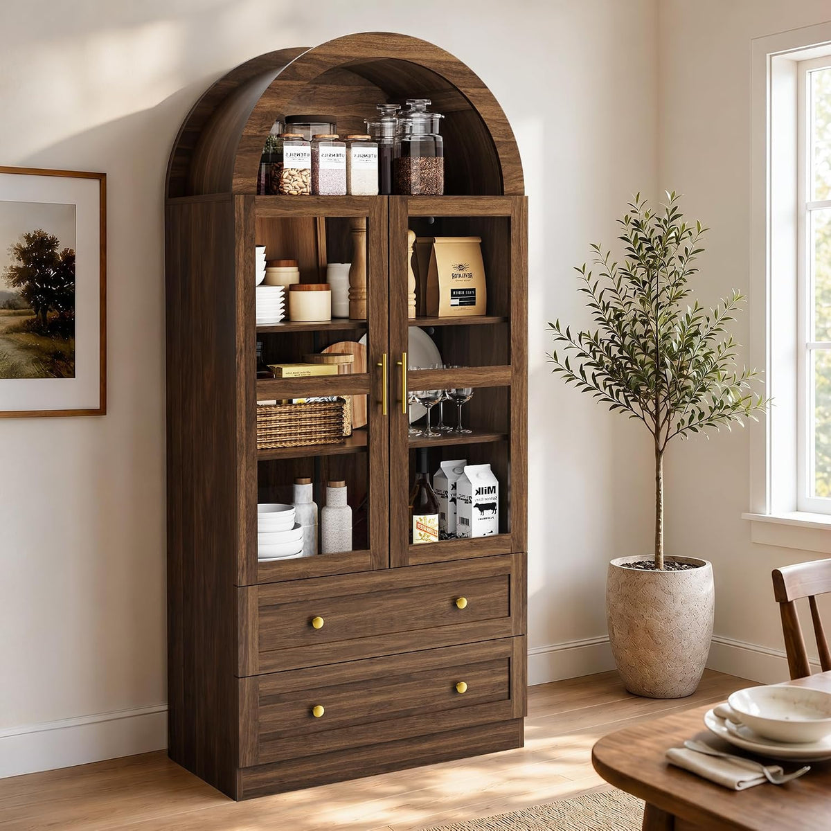 Pamapic Arched Kitchen Pantry Cabinet, 71" Tall Arched Cabinet with Acrylic Doors, Farmhouse Kitchen Storage Cabinet with 2 Large Drawers, Wooden Pantry for Dining Room, Living Room (Brown)