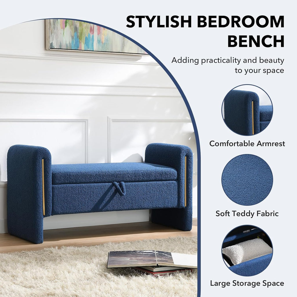 NIOIIKIT 52" Storage Ottoman Bench, Teddy Upholstered Storage Bench with Armrest, Entryway Bench with Pull-Ring, End of Bed Bench, Window Bench for Living Room (Blue)