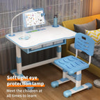 Cuteam Kids Study Desk Chair Set, Height Adjustable Toddlers Writing Table with Tiltable Reading Stand, Living Room Bedroom Children Learning Table with Extra Large Drawer (Blue)
