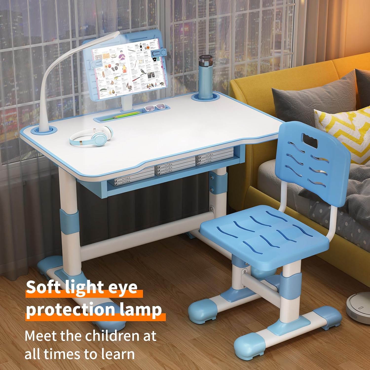 Cuteam Kids Study Desk Chair Set, Height Adjustable Toddlers Writing Table with Tiltable Reading Stand, Living Room Bedroom Children Learning Table with Extra Large Drawer (Blue)
