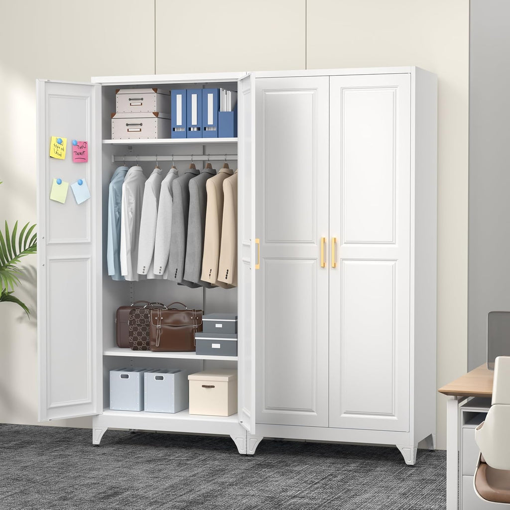 Polup 71" Metal Armoire Wardrobe Closet with Doors and Adjustable Shelves | Tall Freestanding Wardrobe Cabinet for Clothes, Heavy Duty, Hanging Rod, Bedroom, Office, School, Employee, Garage, White
