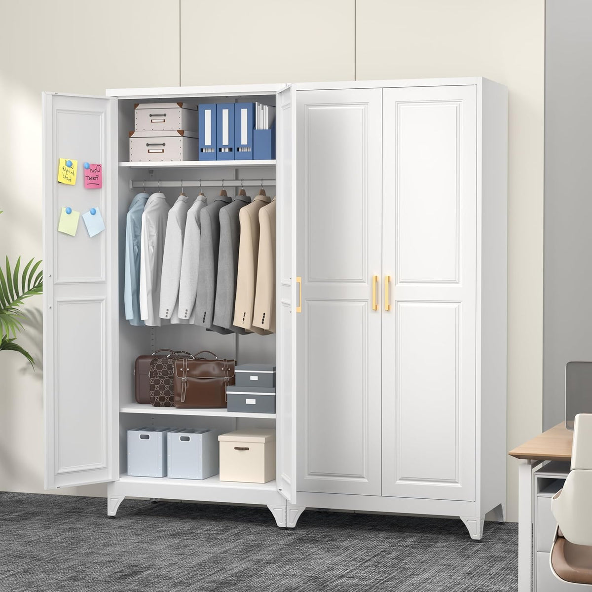 Polup 71" Metal Armoire Wardrobe Closet with Doors and Adjustable Shelves | Tall Freestanding Wardrobe Cabinet for Clothes, Heavy Duty, Hanging Rod, Bedroom, Office, School, Employee, Garage, White