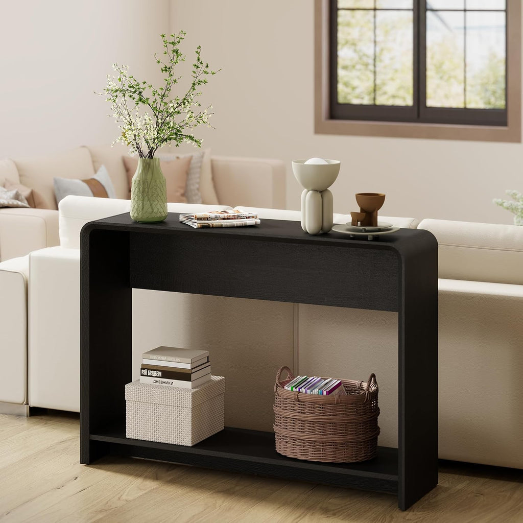 42.3" Modern U-Shaped Console Table, 11.5" Narrow Waterfall Entryway Table with Storage Shelf, Minimalist Sofa Table for Hallway & Living Room, Black Wood-Like Pattern Finish