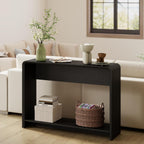 42.3" Modern U-Shaped Console Table, 11.5" Narrow Waterfall Entryway Table with Storage Shelf, Minimalist Sofa Table for Hallway & Living Room, Black Wood-Like Pattern Finish