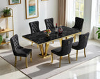 68" Faux Marble Dining Table Set for 6, Black Gold Dining Room Table with Stainless Steel Pedestal & 6 Black Velvet Dining Chairs, Modern Kitchen Table Chairs Set of 6, Luxury 7 Piece Dining Sets