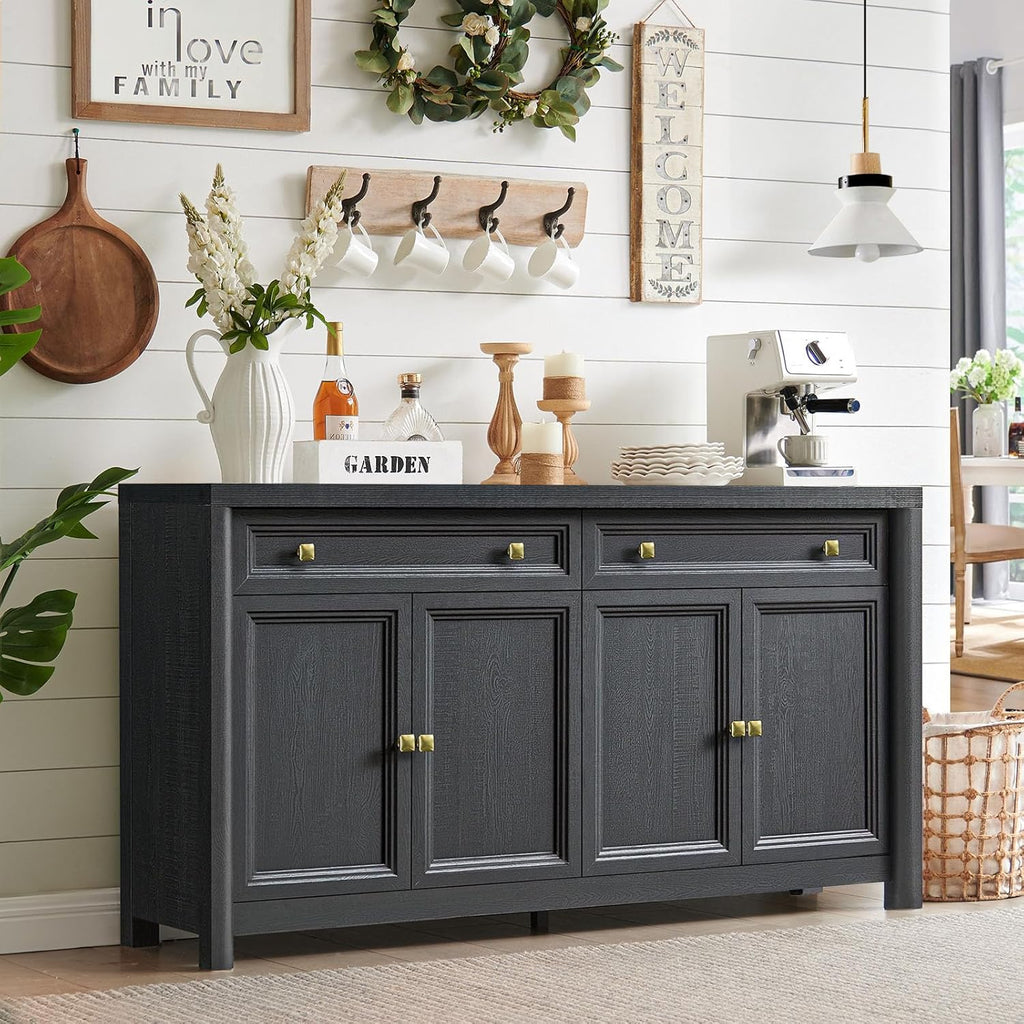 Standifurno Credenza Storage Cabinet with 4 Doors and 2 Drawers, 59" Large Sideboard Buffet Cabinet, 32.1'' Tall Wood Buffet Table Coffee Bar Console Cabinets for Living Dining Room, Black