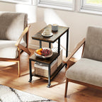 GOFLAME G-Shaped End Table, 3-Tier Sofa Side Table with Wheels, Open Shelves, Metal Frame, Modern Display Accent Table, Small Narrow Rolling Nightstand for Living Room, Bedroom, Rustic Brown