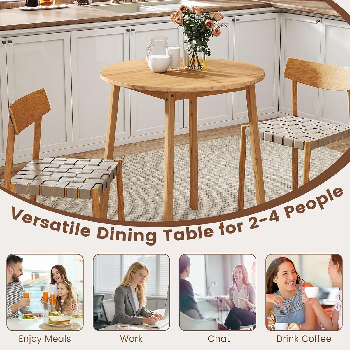 Giantex 27.5-Inches Bamboo Dining Table for 2-4, Round Dinner Tables with Non-Slip Foot Pads, Farmhouse Small Kitchen Table for Dining Room, Living Room, Dinette, Apartment (Round)