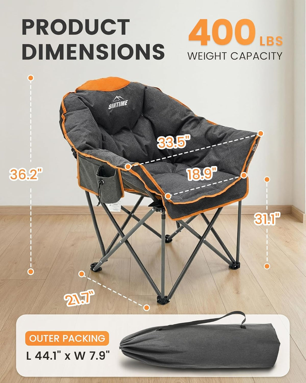 Upgrade Oversized Padded Camping Chair with Adjustable Cup Holder,Weight Capacity 400 LBS,Built-in Comfy Foam Armrest Supports,Heavy Duty Moon Leisure Folding Chair for Camping, Orange (2 Pack)