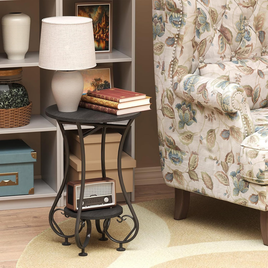 X-cosrack Small Round Side Table,Round End Table for Small Spaces - Black Metal Nightstand with Adjustable Feet,Couch Sofa Coffee Table,Retro Accent Table for Living Room Bedroom Balcony