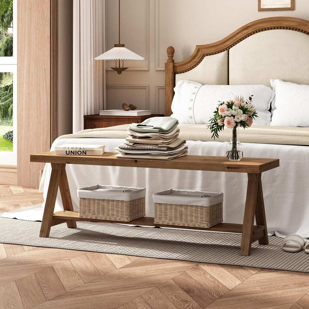 RowyPoey 51" Solid Wood Bench, Long Farmhouse Entryway Bench with Storage Shelf, Triangular Leg Design, Narrow Rustic Benches for Hallway, Bedroom, Dining, Kitchen