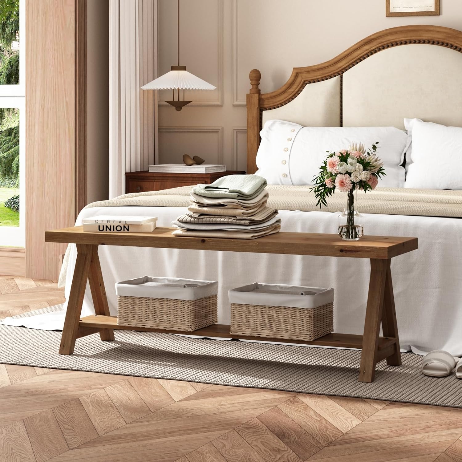 RowyPoey 51" Solid Wood Bench, Long Farmhouse Entryway Bench with Storage Shelf, Triangular Leg Design, Narrow Rustic Benches for Hallway, Bedroom, Dining, Kitchen