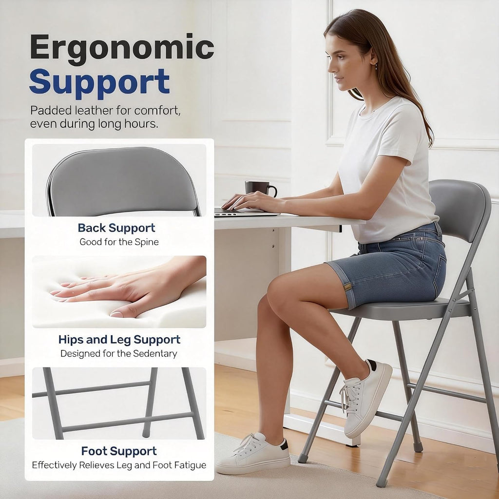 Simple Deluxe Dining Chairs Set of 2, Leather Cushion Foldable Modern Kitchen Side Chair with Padded Back& Metal Legs, Upholstered Dinner Seat Gift for Home/Living Room/Bedroom/Restaurant, Grey