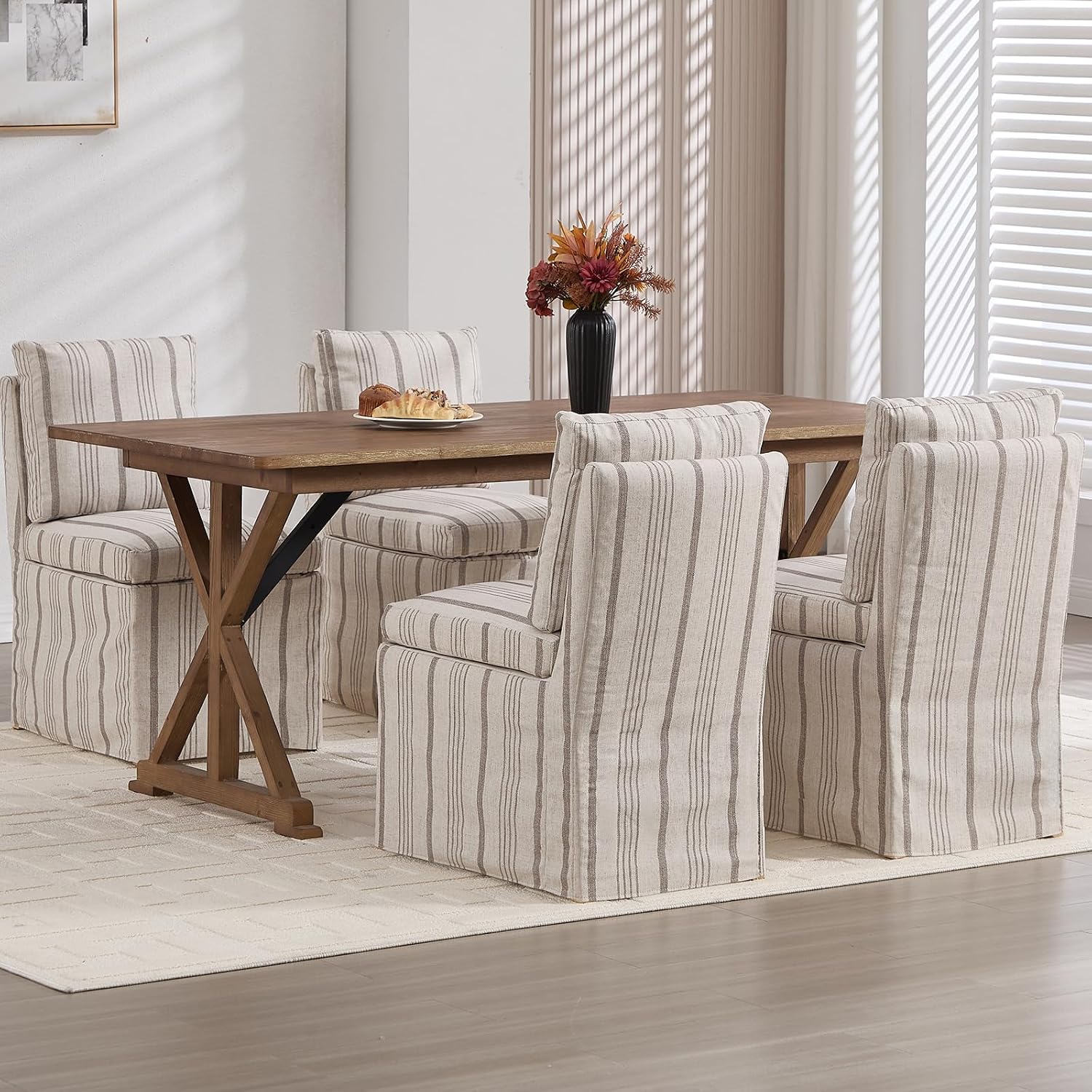 Upholstered Dining Chairs Set of 6 Slipcovered Armless Dining Chair with Solid Wood Legs, Soft Padded Upholstered Side Chair for Dining/Living/Readin Room, Banquet, Khaki Stripe
