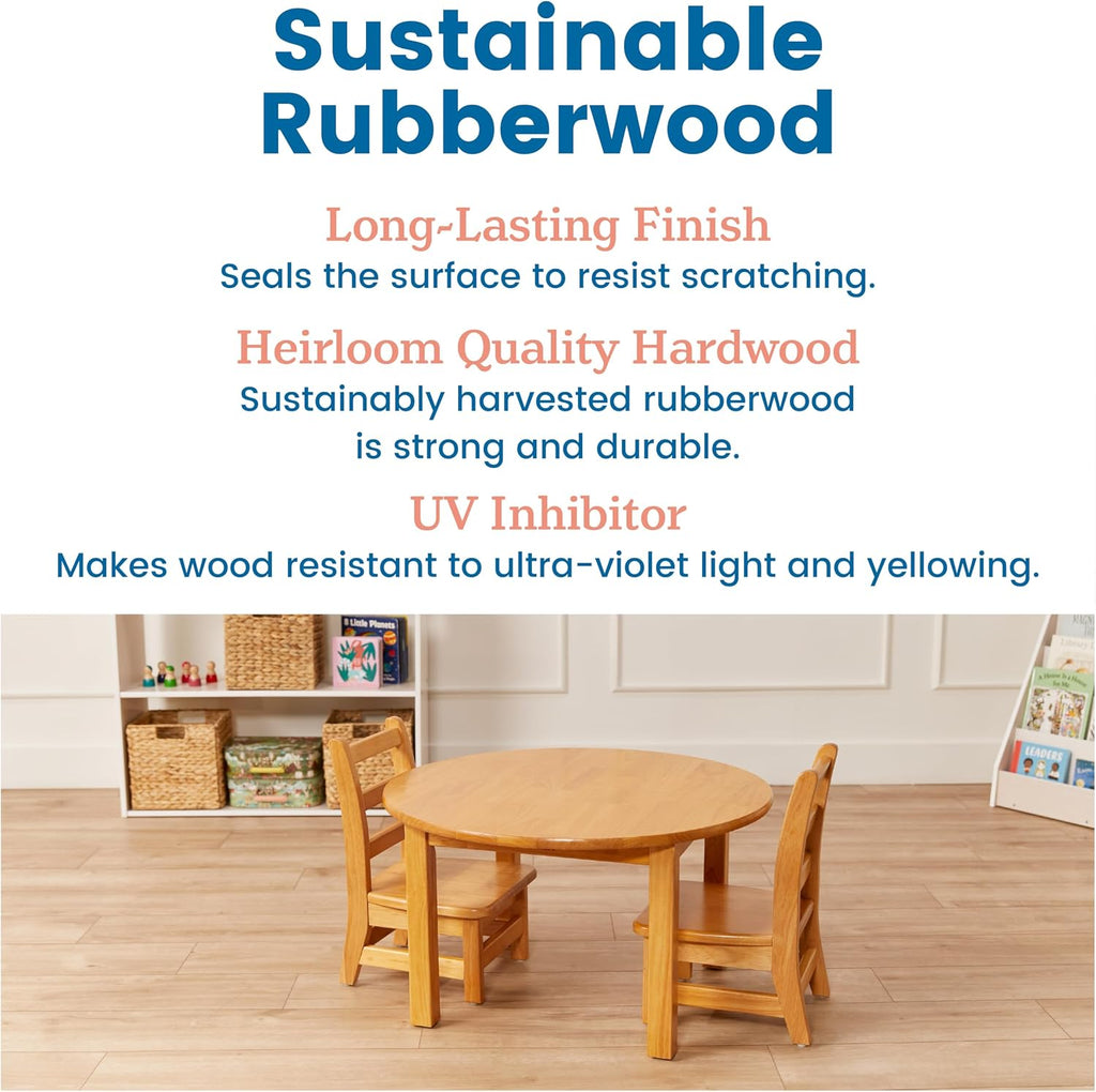 ECR4Kids 30in D Round Hardwood Table with 16in Legs and Two 8in Chairs, Kids Furniture, Honey | Durable rubberwood, GREENGUARD Gold Certified, ANSI/BIFMA Compliant, 2-3 years, 74 lb seat capacity, classroom & home use