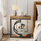 Tribesigns Narrow Side Table C Shaped End Table Modern Bedside Tables for Couch, Small Sofa Chairside Tables with Metal Frame for Living Room (2, Natural+Black)