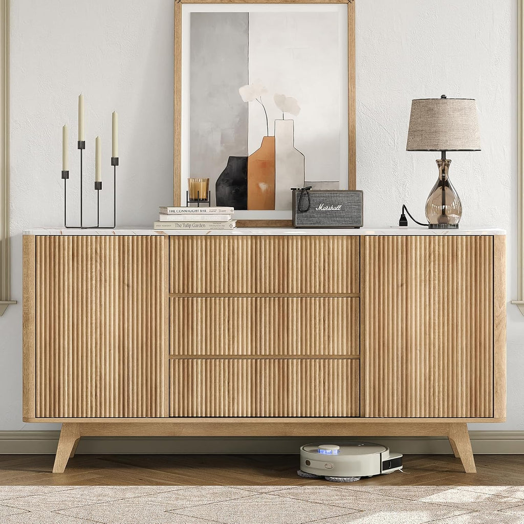 Yanosaku 62" W Fluted Buffet Cabinet with Sliding Doors, Modern Sideboard Storage Cabinet with Power Outlet & 3 Drawers, Mid-Century Coffee Bar Table for Living Room, Dinning Room, Natural