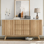 Yanosaku 62" W Fluted Buffet Cabinet with Sliding Doors, Modern Sideboard Storage Cabinet with Power Outlet & 3 Drawers, Mid-Century Coffee Bar Table for Living Room, Dinning Room, Natural