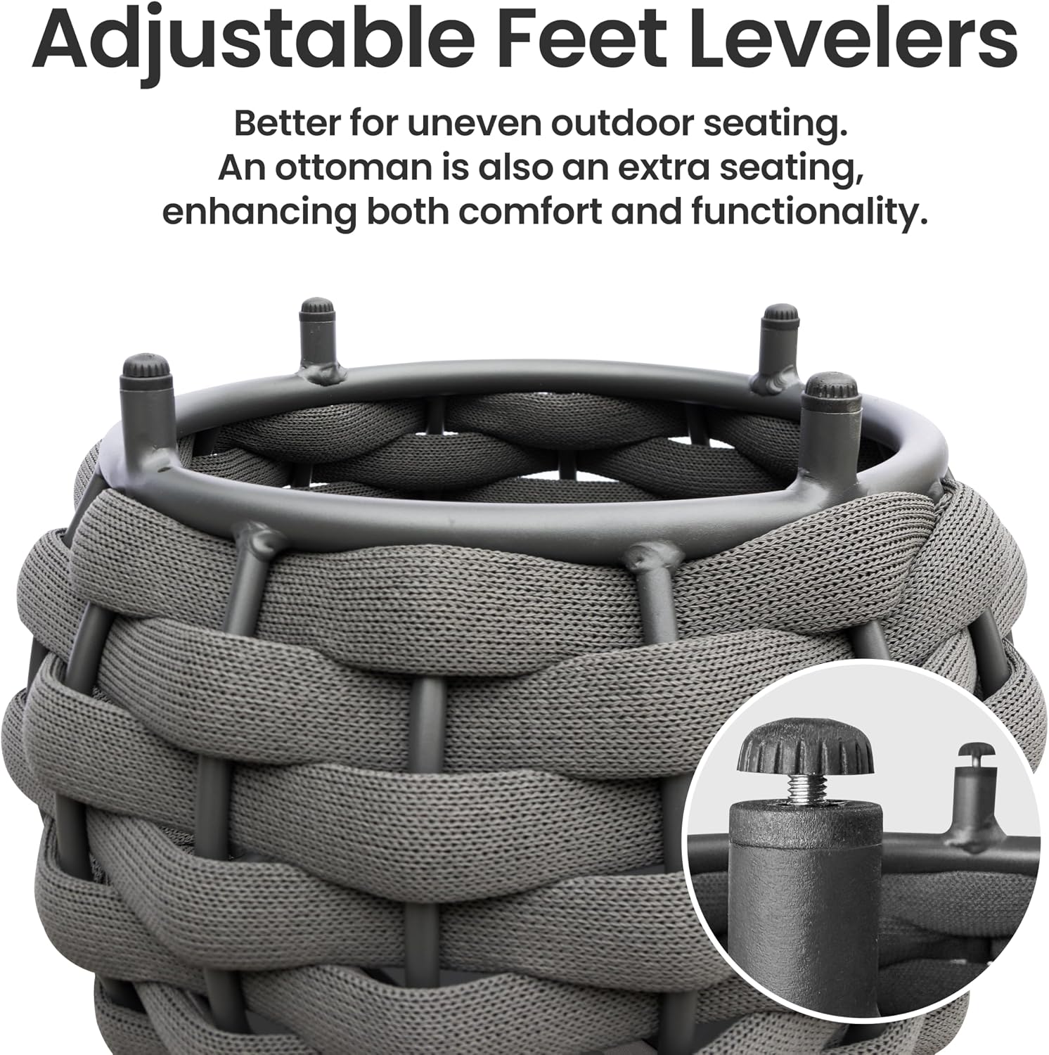 Round Patio Ottoman: Woven Textilene Rope Footstool with φ15.8'' Cushion, Aluminum Frame Footrest, All-Weather Foot Rest for Balcony Garden Deck Outdoor, No Assembly, Dark Gray