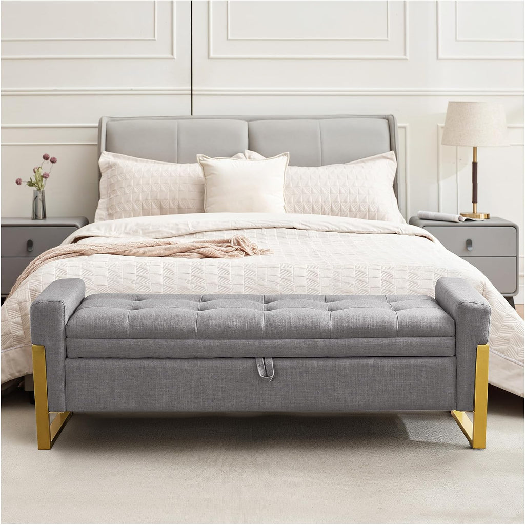 57" Storage Ottoman Bench，Upholstered Linen End of Bed Bench Entryway Storage Bench for Living Room,Light Grey