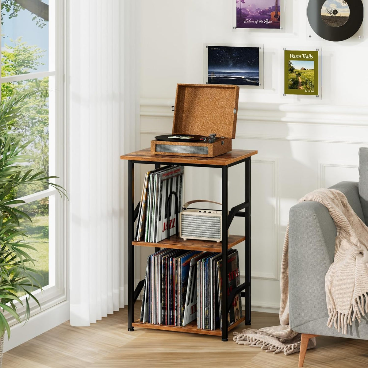 LOAKEKEL Record Player Stand, Large Vinyl Record Storage Up to 200 Albums, 3 Tier End Table with Removable Dividers, Tall Side Table for Living Room, Bedroom, Rustic Brown, HETCD020BR-1