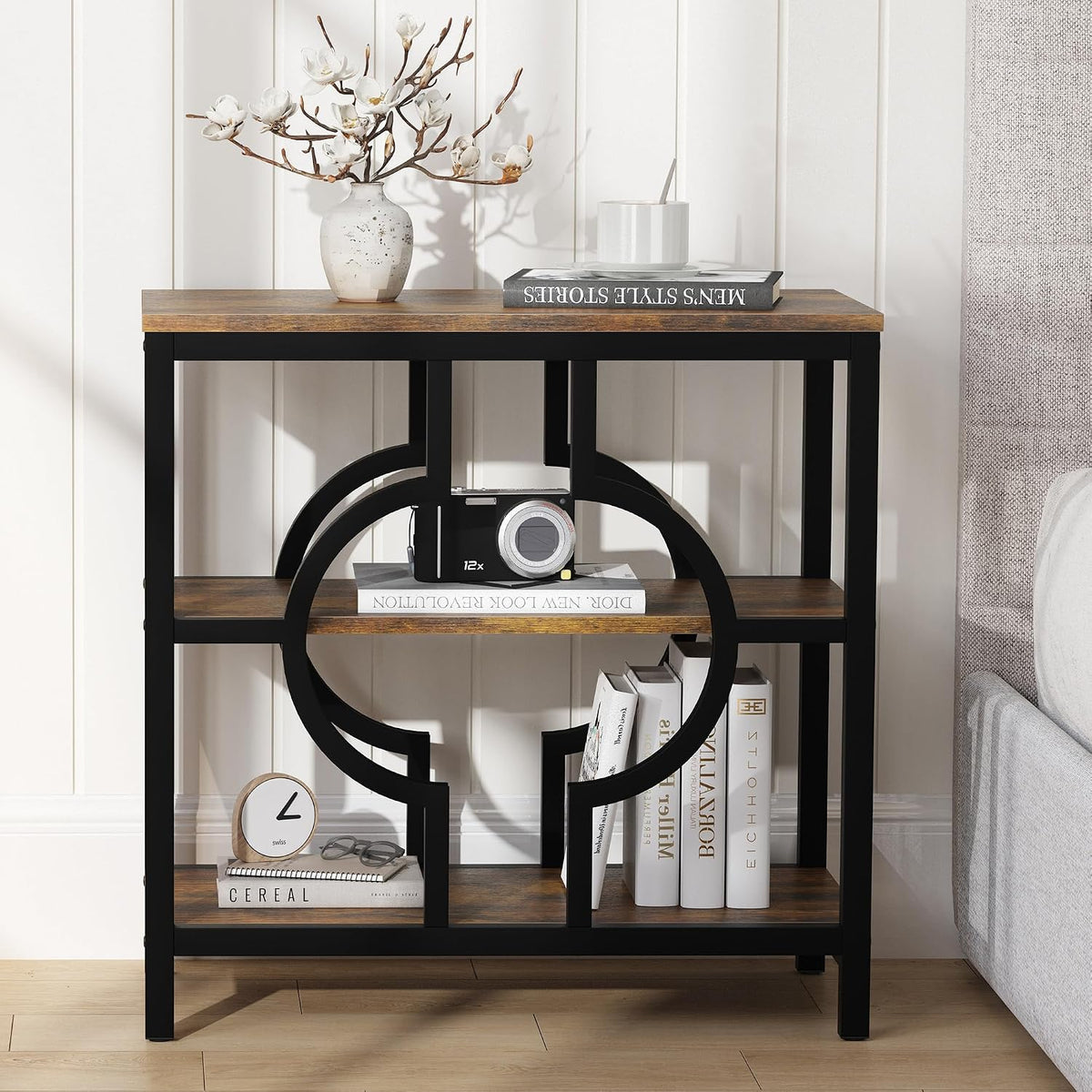 End Table, Narrow Side Table with 3-Tier Storage Shelves, Wood Sofa Side Table with Geometric Metal Frame for Living Room, Industrial Bedside Nightstand for Bedroom (1, Brown)