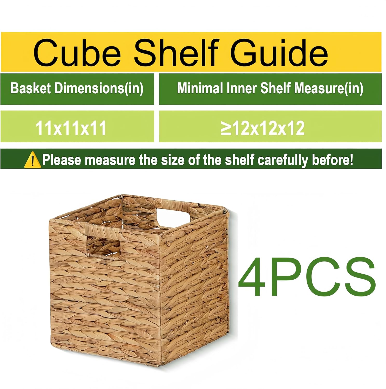 11 x 11 x 11 in Woven Storage Baskets,Set of 4 Wicker Cubes Baskets,Natural | Foldable Water Hyacinth Baskets,Handwoven Storage Baskets for Shelves,Kitchen or Outdoor