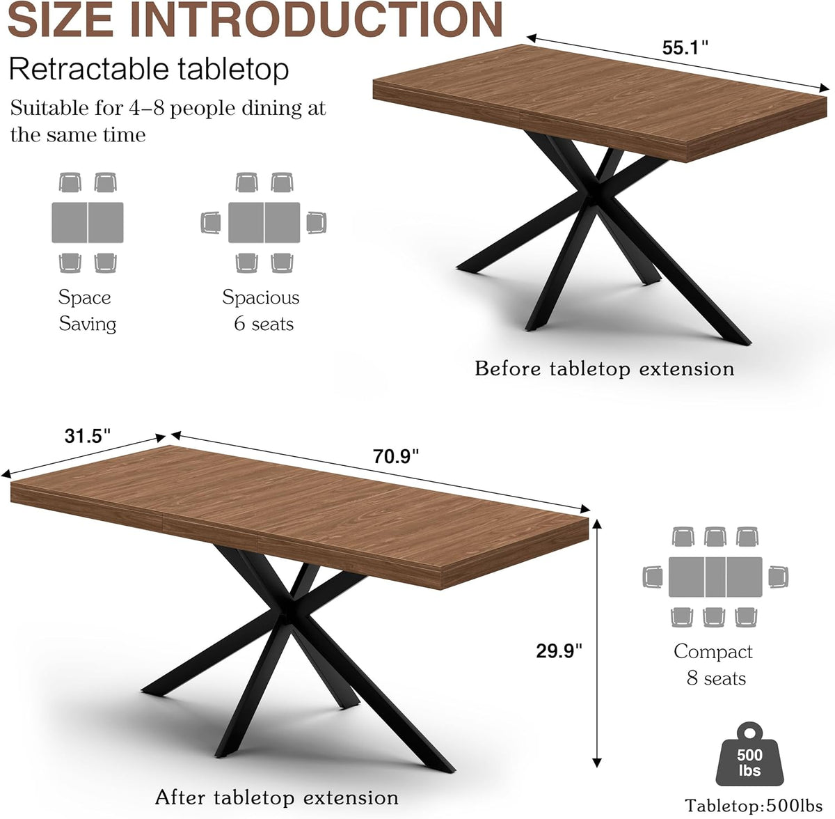 Extendable Dining Room Table for 4-6-8, Large 55''-70.9'' Wood Rectangle Expandable Dining Table with Hidden Storage, Space Saving Farmhouse Kitchen Table for Dining Room Kitchen Office,Walnut