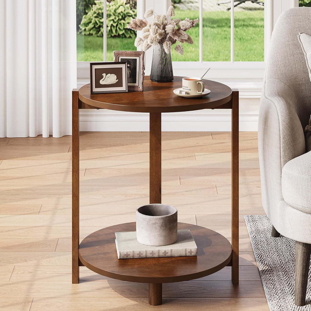 Solid Wood Side Table for Living Room, Small Round End Table with 2-Tier Storage, 19-Inch Wooden Circle Retro Nightstand, Accent Furniture for Small Spaces, Bedroom, Apartment, Brown