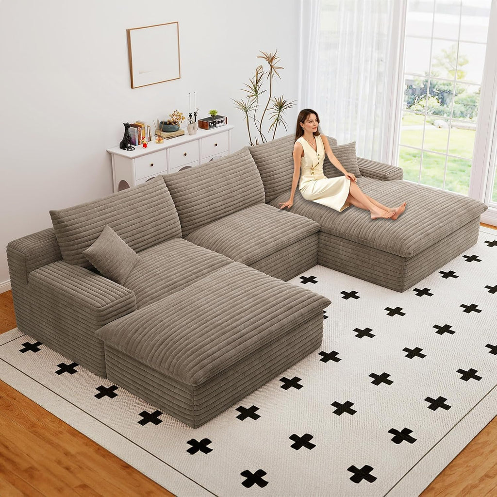 107" Cloud Couch Modular Sectional Sofa for Living Room, U-Shape Couch with Deep Seat, Modern Corduroy 3-Seater with Ottoman, No Assembly Required (Camel,Right-Facing Chaise)