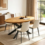 63"-78.7" Extendable Oval Dining Table Set for 4 | 5 Piece Large Round Walnut Table Set, 4 Beige PU Dining Chairs, Living Room, Kitchen, Space Saving, Mid Century Modern