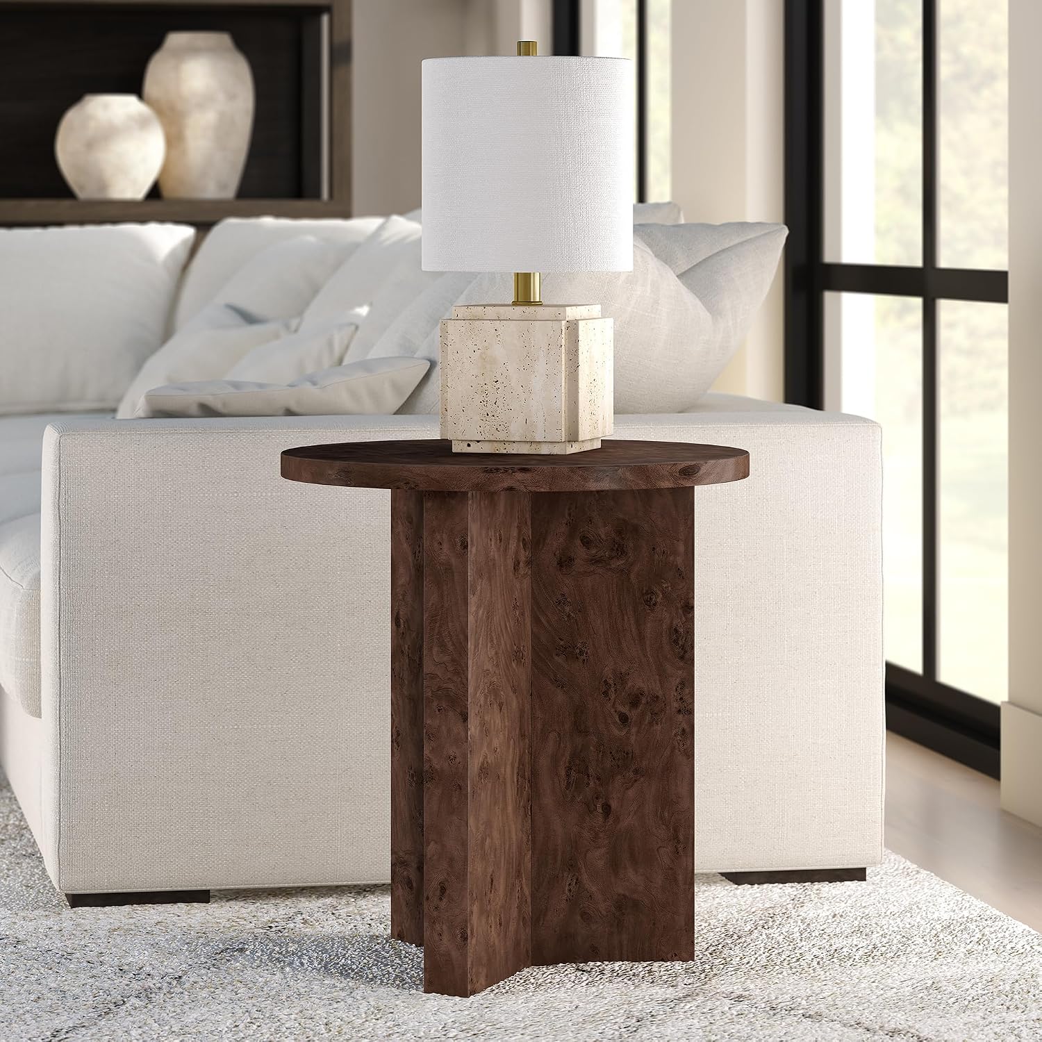 Henn&Hart 20" Scandinavian Round Wooden End Table, Side Table, Nightstand with X-Base for Living Room, Office, Family Room, or Bedroom, Walnut Burl