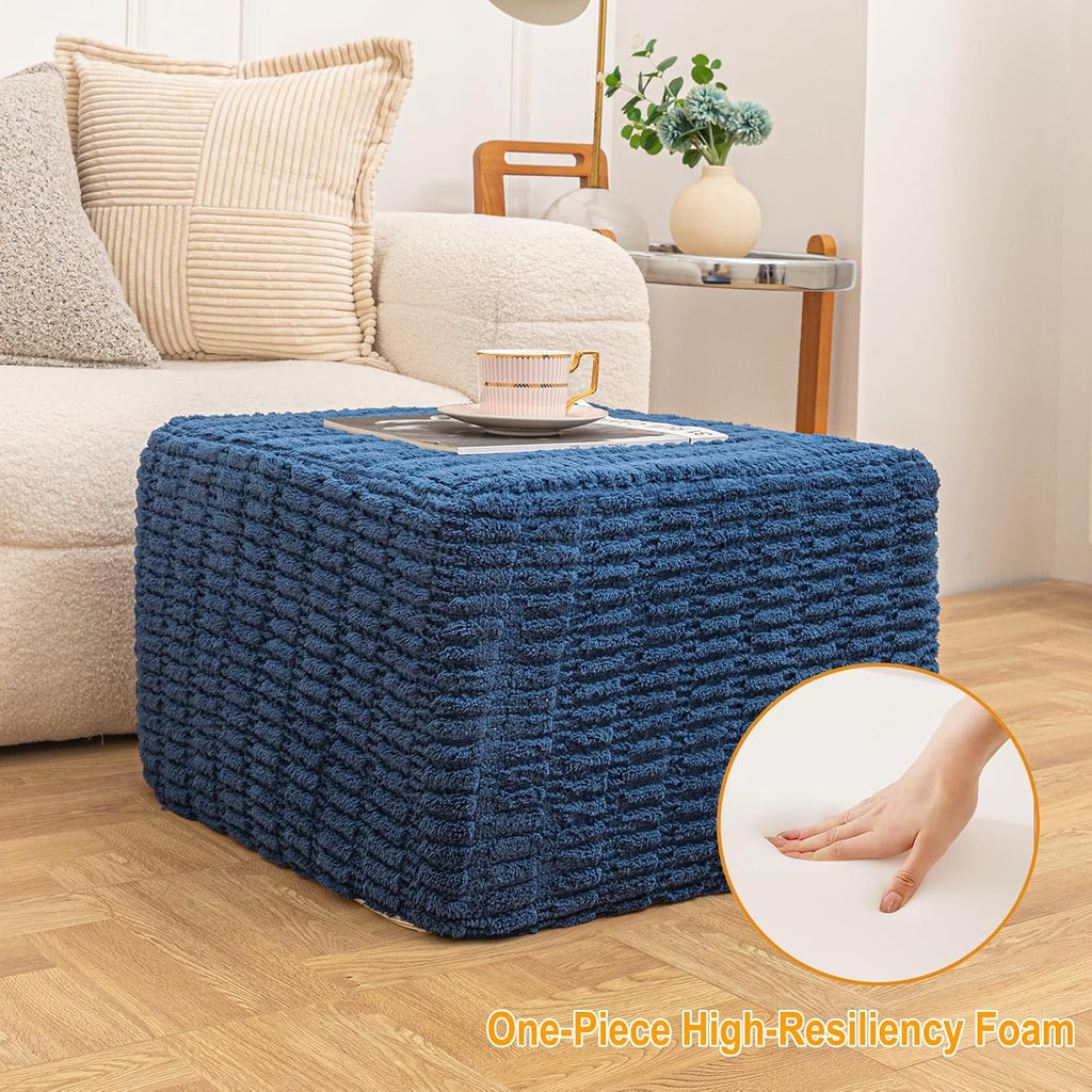Round Plush Ottoman Pouf Stuffed– Fluffy Ottoman Foot Rest with Modern Foam Filler 20" x 14" Cozy Floor Pouf for Living Room & Bedroom (Navy Blue)