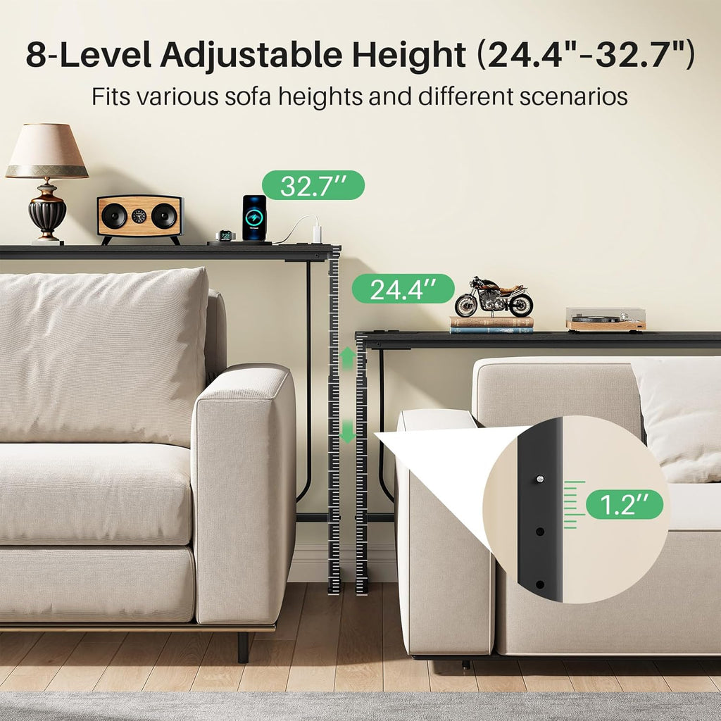 Kitstorack 2-Pack Black Console Table, 7.9" Deep Panel, Adjustable Height (25"-33") & with 2 Power Outlets, Behind Sofa Couch Table, Use Together or Separately - 78.8" Total Long