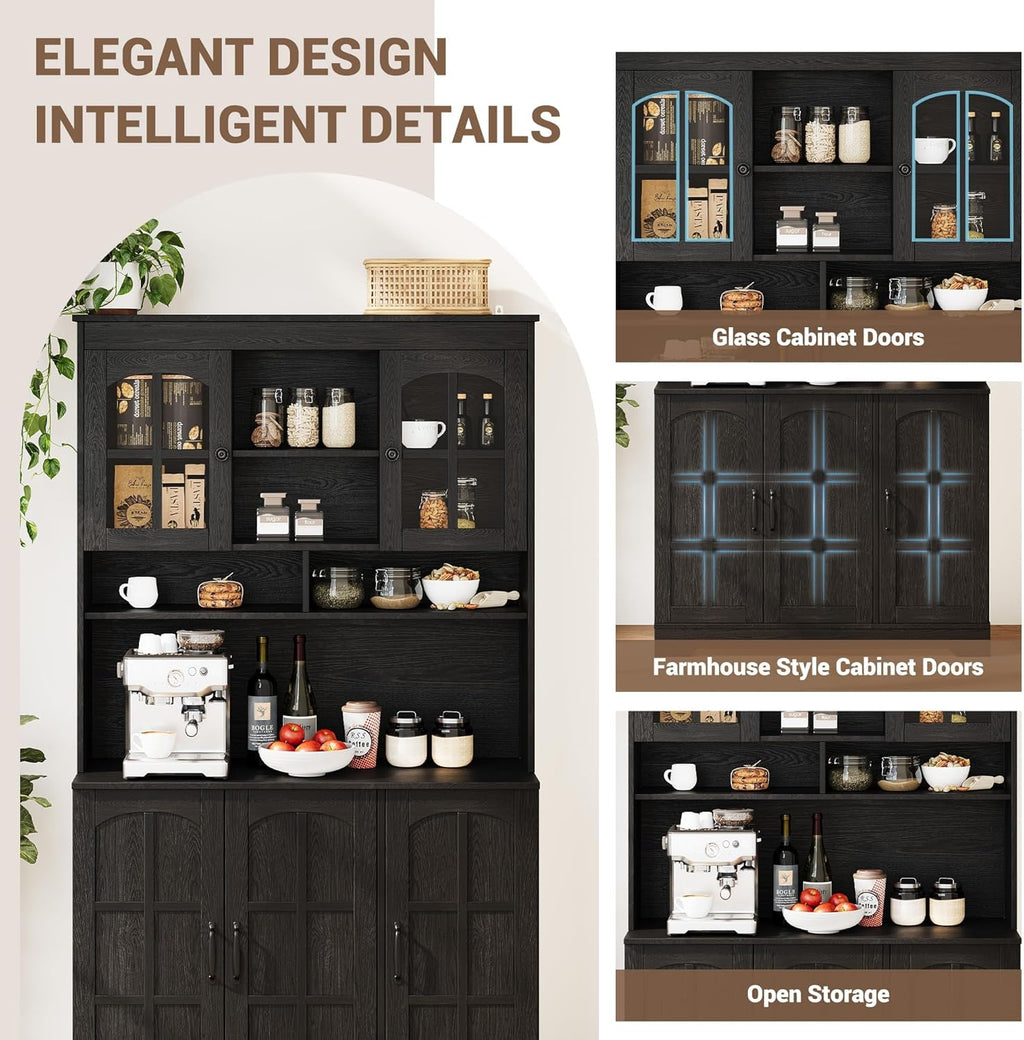Spacious Storage & Modern Design Pantry Cabinet with Hutch – 70.9'' Tall Kitchen Cabinet – Glass Doors, Built-in Charging Station – Ideal for Dining Room – Black Color