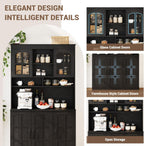 Spacious Storage & Modern Design Pantry Cabinet with Hutch – 70.9'' Tall Kitchen Cabinet – Glass Doors, Built-in Charging Station – Ideal for Dining Room – Black Color