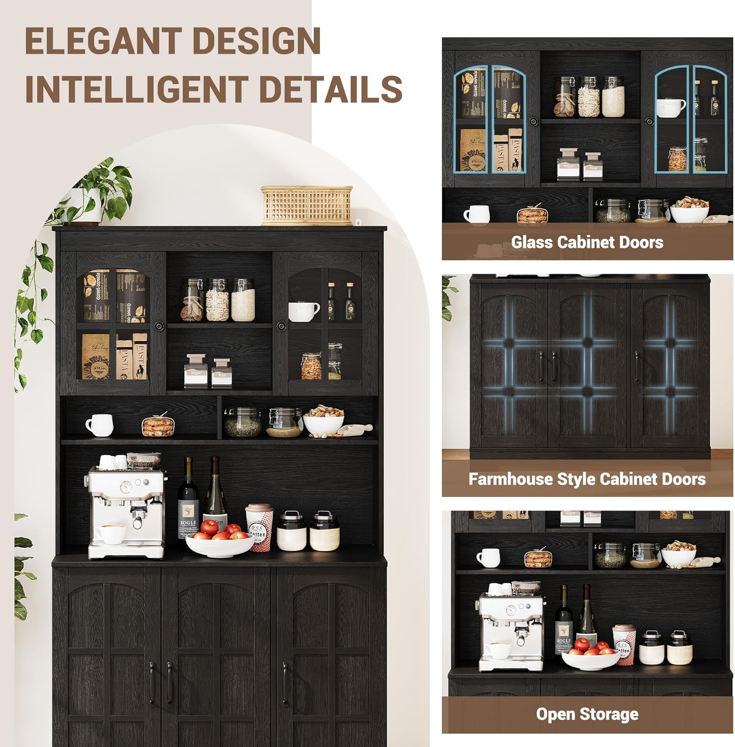Spacious Storage & Modern Design Pantry Cabinet with Hutch – 70.9'' Tall Kitchen Cabinet – Glass Doors, Built-in Charging Station – Ideal for Dining Room – Black Color