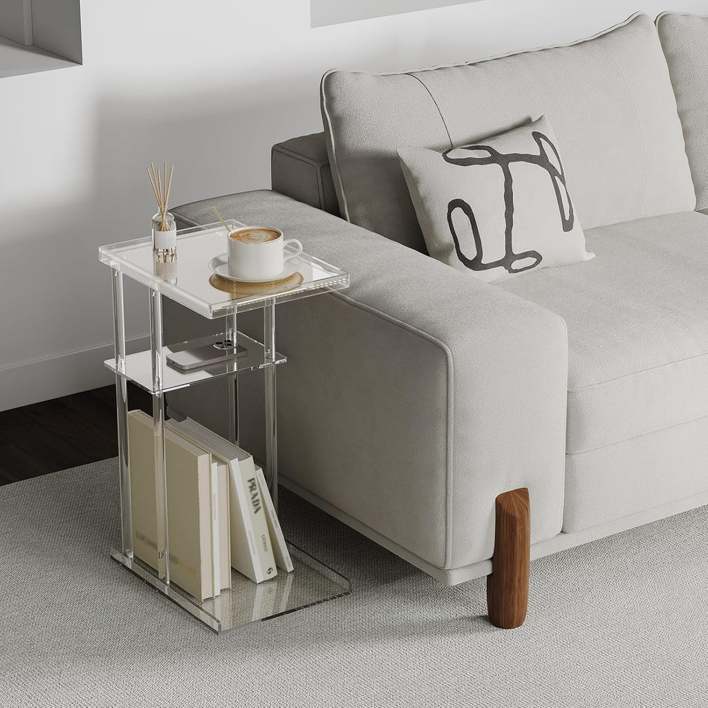 HMYHUM Acrylic C-Shaped End Table, 3-Tier Clear Side Table for Couch, Living Room, Bedroom, Small Spaces, 15.5''L x 11.6''W x 25''H, Woven Rattan Interlayer